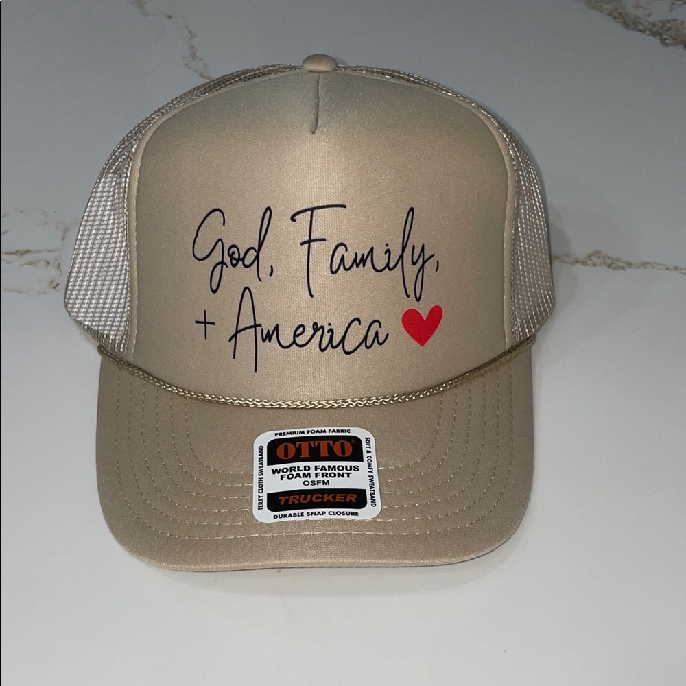 NWT GOD FAMILY + AMERICA ❤️ Tan Trucker Hat with Heart Design